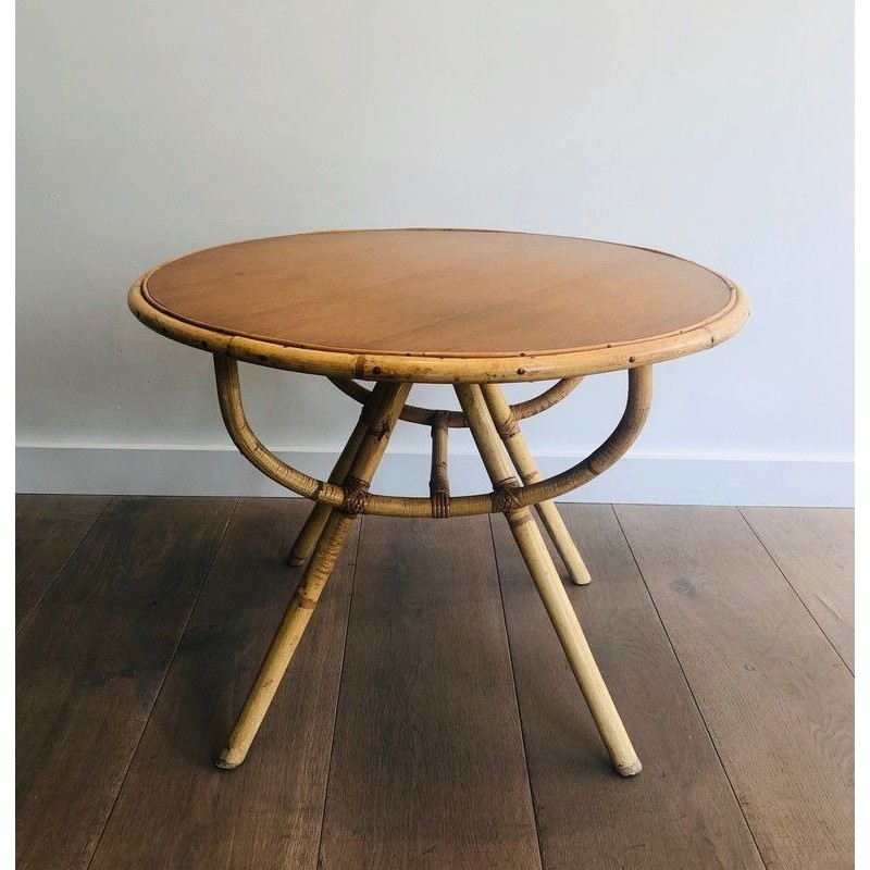 Table Basse Ronde en Rotin à Plateau de Bois