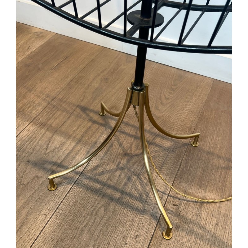 Lampadaire de Parquet Design en Métal Laqué Noir et Laiton Intégrant un Porte-Revues