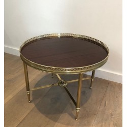 Neoclassical-Style Brass Round Coffee Table with Mahogany Veneer Top, Attributed to Maison Jansen