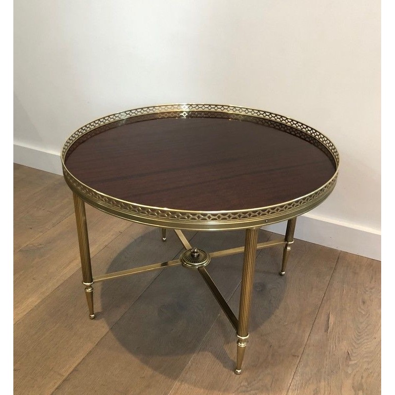 Neoclassical-Style Brass Round Coffee Table with Mahogany Veneer Top, Attributed to Maison Jansen