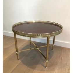 Table Basse Ronde en Laiton à Plateau en Plaquage d’Acajou, Attribuée à la Maison Jansen