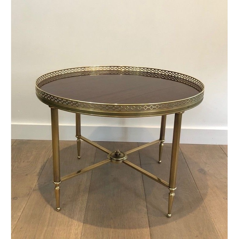 Neoclassical-Style Brass Round Coffee Table with Mahogany Veneer Top, Attributed to Maison Jansen