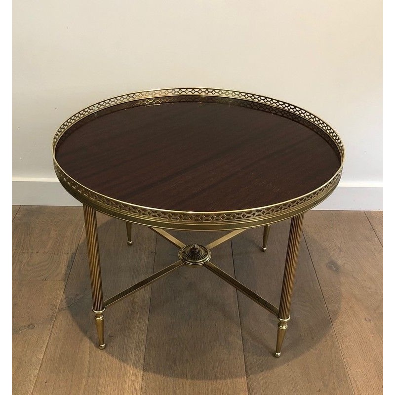 Table Basse Ronde en Laiton à Plateau en Plaquage d’Acajou, Attribuée à la Maison Jansen
