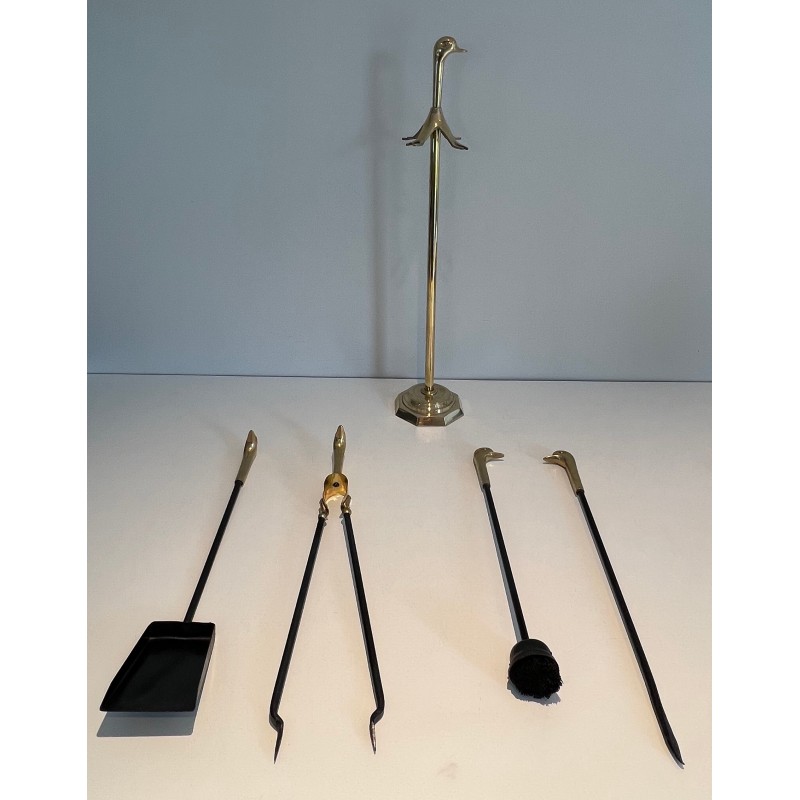 Nécessaire de Feu en Laiton et Métal Laqué à Décors de Canards