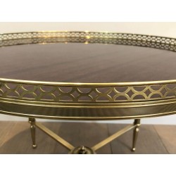 Neoclassical-Style Brass Round Coffee Table with Mahogany Veneer Top, Attributed to Maison Jansen