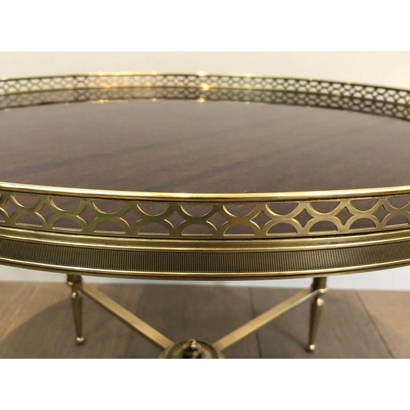 Neoclassical-Style Brass Round Coffee Table with Mahogany Veneer Top, Attributed to Maison Jansen