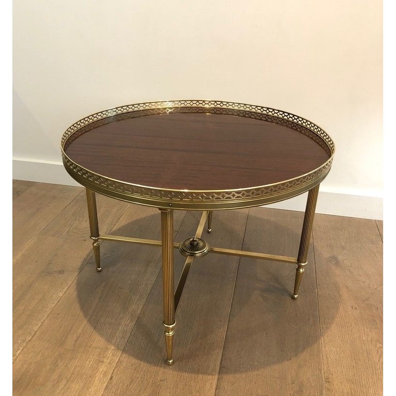 Table Basse Ronde en Laiton à Plateau en Plaquage d’Acajou, Attribuée à la Maison Jansen