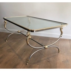Grande Table Basse en Acier Brossé et Laiton à Têtes de Chevaux, dans le Goût de la Maison Jansen