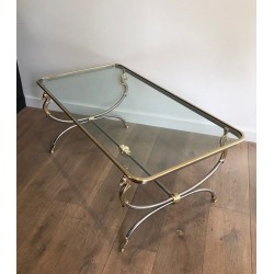 Grande Table Basse en Acier Brossé et Laiton à Têtes de Chevaux, dans le Goût de la Maison Jansen