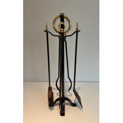 Nécessaire de Feu Moderniste en Acier, Fer Forgé et Laiton par Jacques Adnet