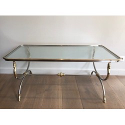 Large Brushed Steel and Brass Coffee Table with Horse Heads, in the Manner of Maison Jansen