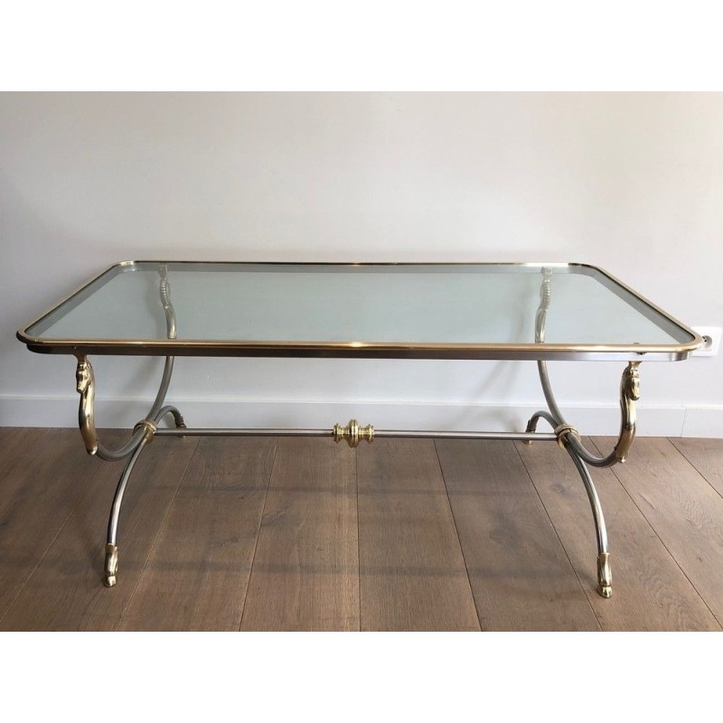 Large Brushed Steel and Brass Coffee Table with Horse Heads, in the Manner of Maison Jansen