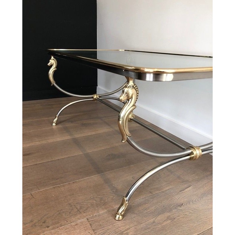 Large Brushed Steel and Brass Coffee Table with Horse Heads, in the Manner of Maison Jansen