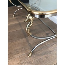 Large Brushed Steel and Brass Coffee Table with Horse Heads, in the Manner of Maison Jansen