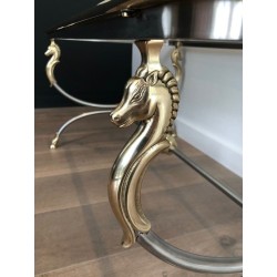 Grande Table Basse en Acier Brossé et Laiton à Têtes de Chevaux, dans le Goût de la Maison Jansen