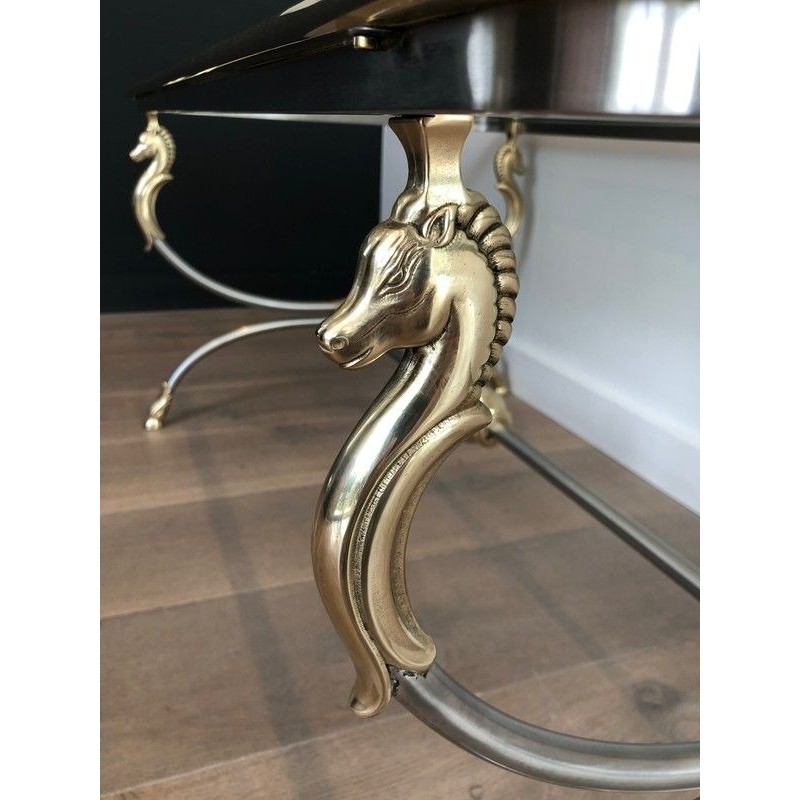 Large Brushed Steel and Brass Coffee Table with Horse Heads, in the Manner of Maison Jansen