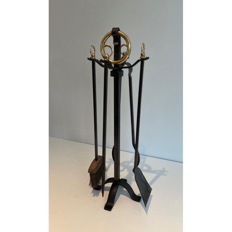 Modernist Steel, Iron and Brass Fireplace Tools by Jacques Adnet