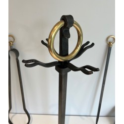 Nécessaire de Feu Moderniste en Acier, Fer Forgé et Laiton par Jacques Adnet