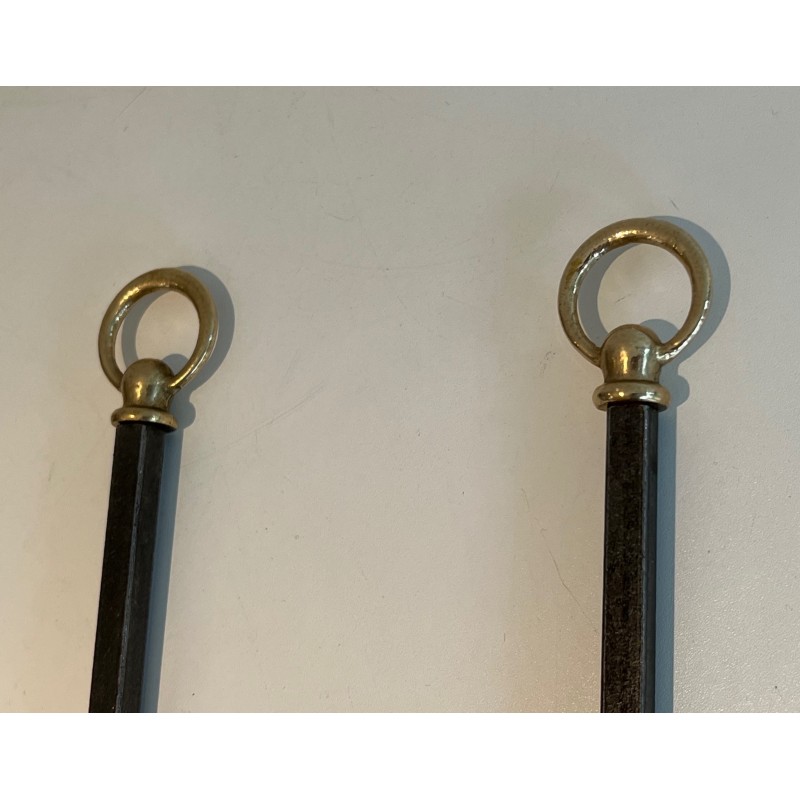 Modernist Steel, Iron and Brass Fireplace Tools by Jacques Adnet