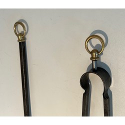 Nécessaire de Feu Moderniste en Acier, Fer Forgé et Laiton par Jacques Adnet