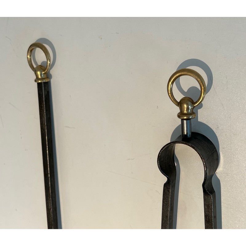 Nécessaire de Feu Moderniste en Acier, Fer Forgé et Laiton par Jacques Adnet