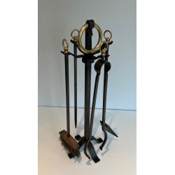 Nécessaire de Feu Moderniste en Acier, Fer Forgé et Laiton par Jacques Adnet