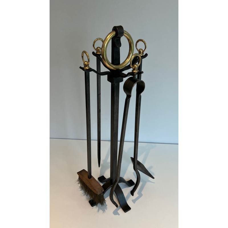 Nécessaire de Feu Moderniste en Acier, Fer Forgé et Laiton par Jacques Adnet