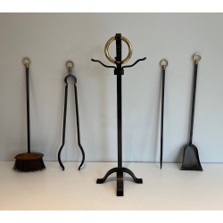 Nécessaire de Feu Moderniste en Acier, Fer Forgé et Laiton par Jacques Adnet