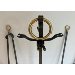 Nécessaire de Feu Moderniste en Acier, Fer Forgé et Laiton par Jacques Adnet