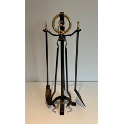 Nécessaire de Feu Moderniste en Acier, Fer Forgé et Laiton par Jacques Adnet