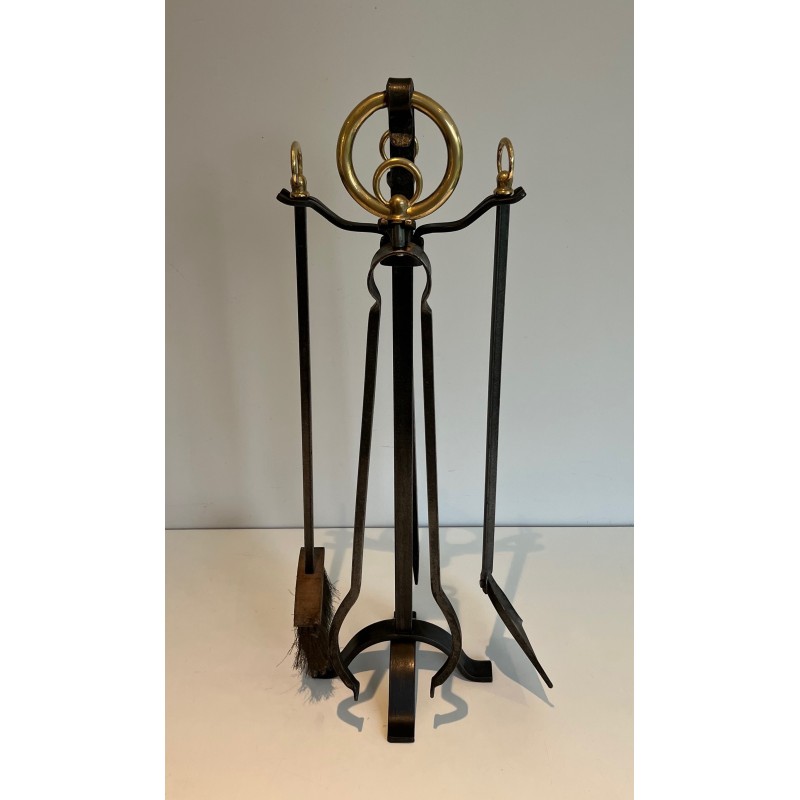 Modernist Steel, Iron and Brass Fireplace Tools by Jacques Adnet