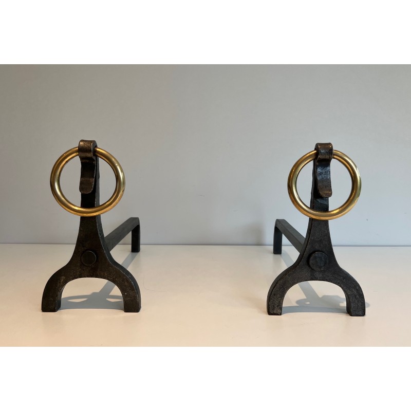 Pair of Modernist Steel, Iron and Brass Andirons by Jacques Adnet