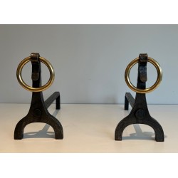 Pair of Modernist Steel, Iron and Brass Andirons by Jacques Adnet