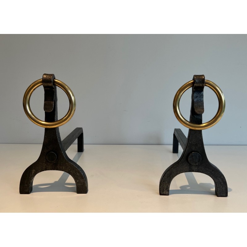 Pair of Modernist Steel, Iron and Brass Andirons by Jacques Adnet