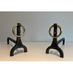 Pair of Modernist Steel, Iron and Brass Andirons by Jacques Adnet