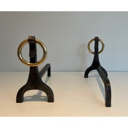 Paire de Chenets Modernistes en Acier, Fer Forgé et Laiton par Jacques Adnet
