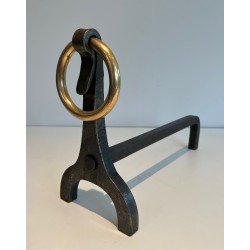 Paire de Chenets Modernistes en Acier, Fer Forgé et Laiton par Jacques Adnet