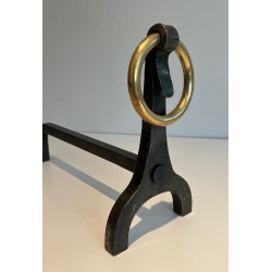 Pair of Modernist Steel, Iron and Brass Andirons by Jacques Adnet