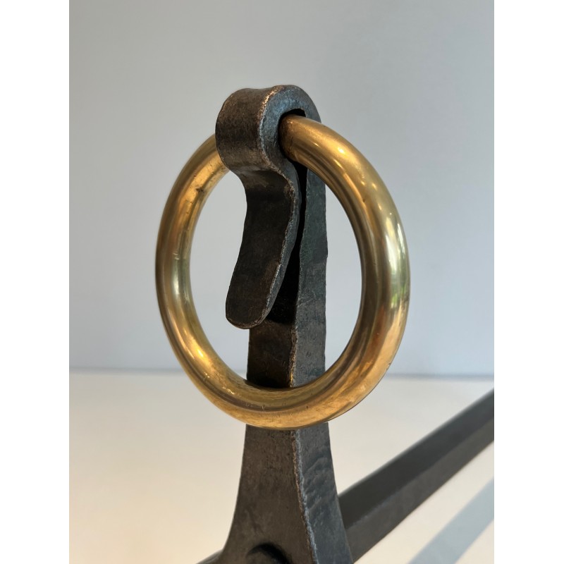 Paire de Chenets Modernistes en Acier, Fer Forgé et Laiton par Jacques Adnet