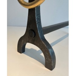 Pair of Modernist Steel, Iron and Brass Andirons by Jacques Adnet