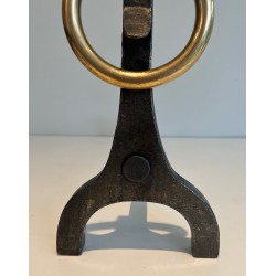 Pair of Modernist Steel, Iron and Brass Andirons by Jacques Adnet
