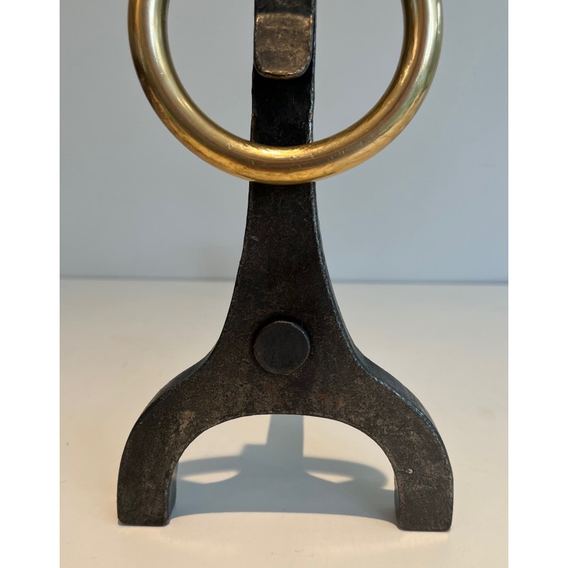 Paire de Chenets Modernistes en Acier, Fer Forgé et Laiton par Jacques Adnet