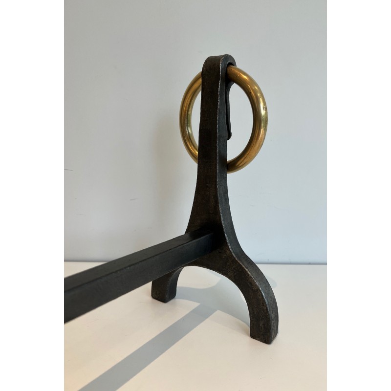 Pair of Modernist Steel, Iron and Brass Andirons by Jacques Adnet