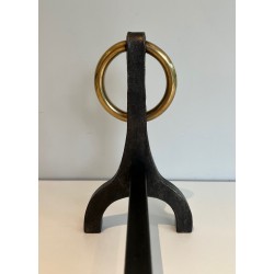 Pair of Modernist Steel, Iron and Brass Andirons by Jacques Adnet