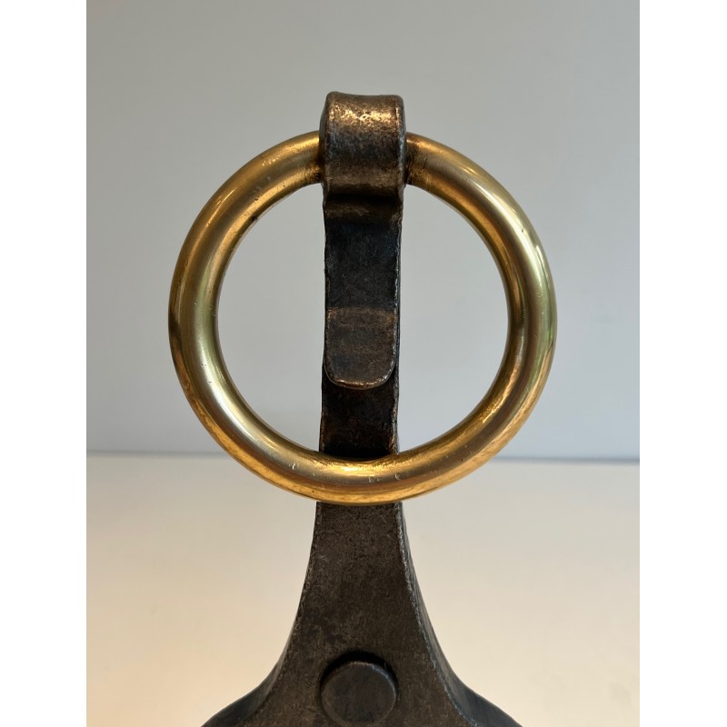 Paire de Chenets Modernistes en Acier, Fer Forgé et Laiton par Jacques Adnet