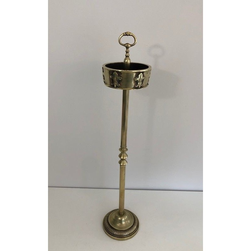 Neoclassical-Style Brass and Bronze Floor-Standing Ashtray with Fleur-de-Lis Decoration