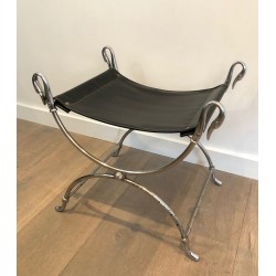 Tabouret Curule Néoclassique en Acier Argenté à Têtes de Cygnes par la Maison Jansen