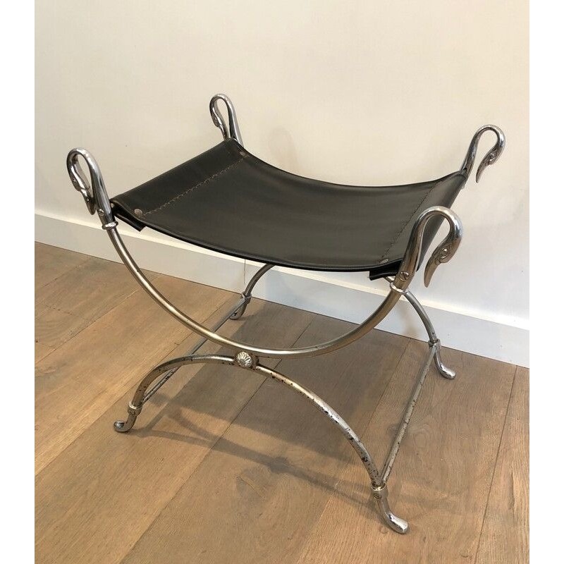 Tabouret Curule Néoclassique en Acier Argenté à Têtes de Cygnes par la Maison Jansen