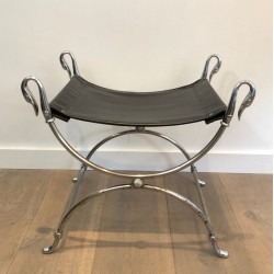 Tabouret Curule Néoclassique en Acier Argenté à Têtes de Cygnes par la Maison Jansen