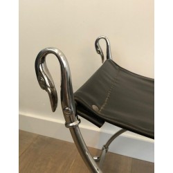 Tabouret Curule Néoclassique en Acier Argenté à Têtes de Cygnes par la Maison Jansen